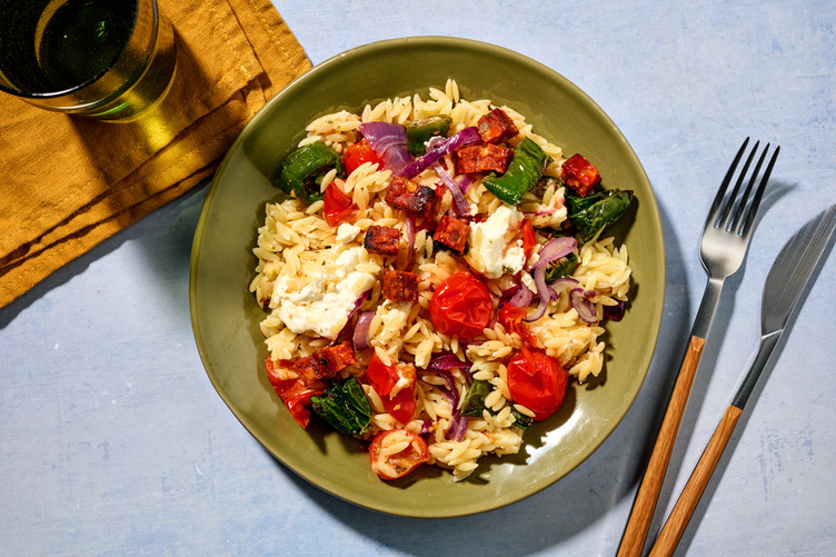 Chorizo, Feta and Padron Pepper Orzo Bake