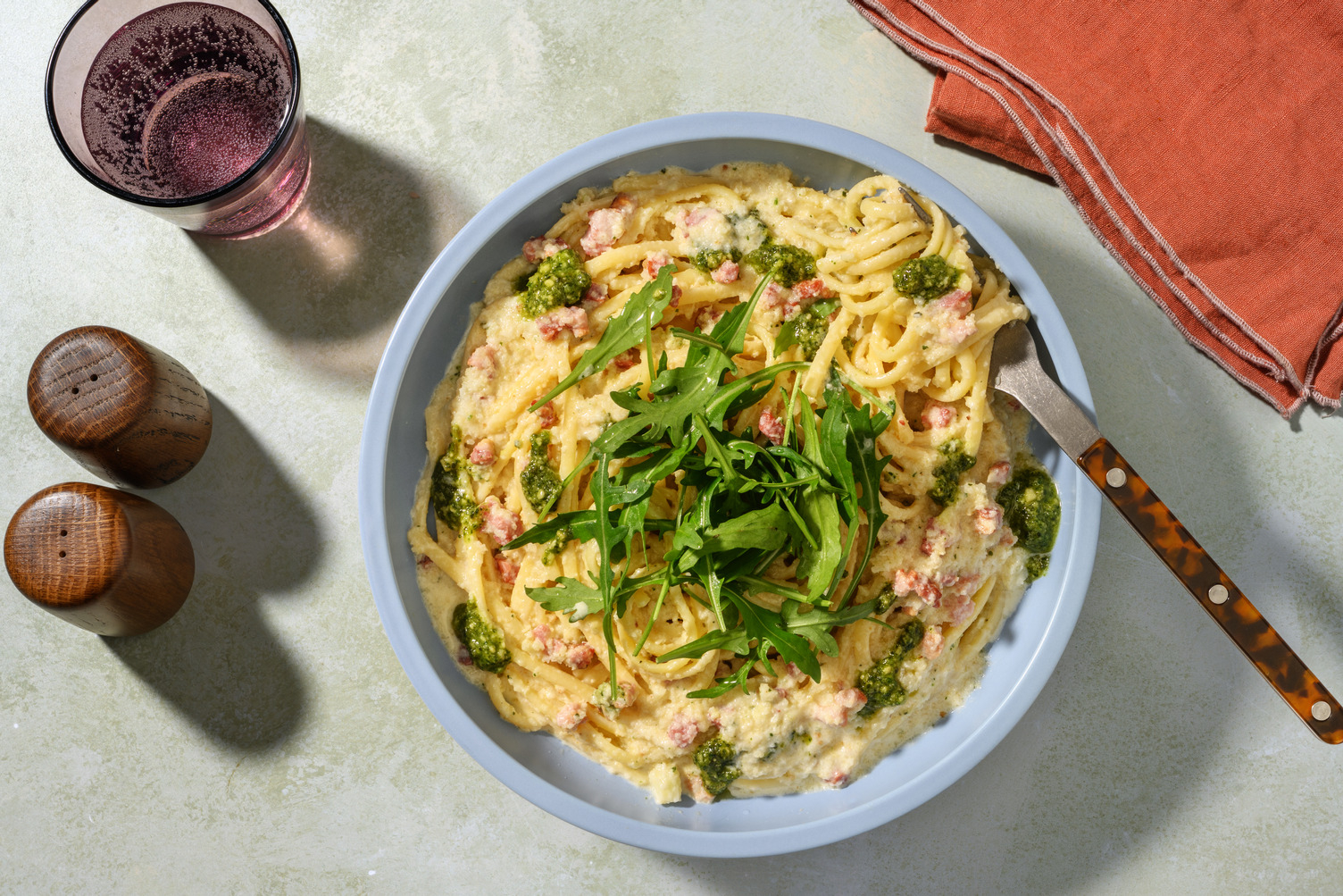 Creamy Double Bacon Linguine Pesto Alfredo