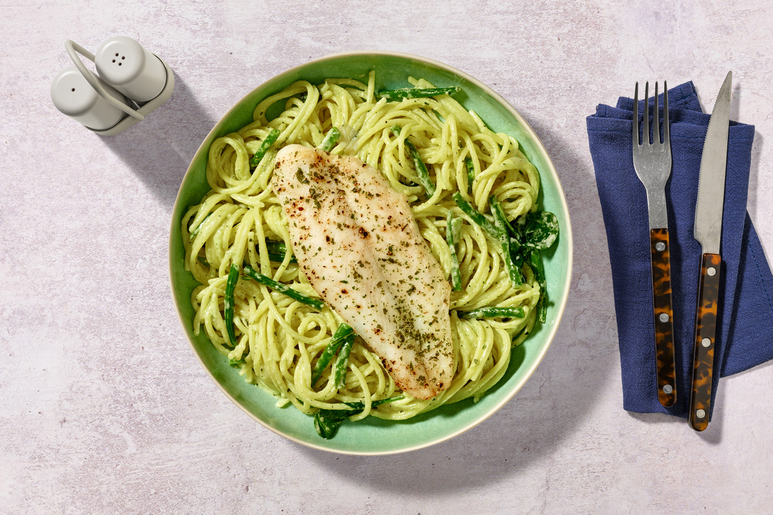 Baked Basa and Creamy Pesto Pasta