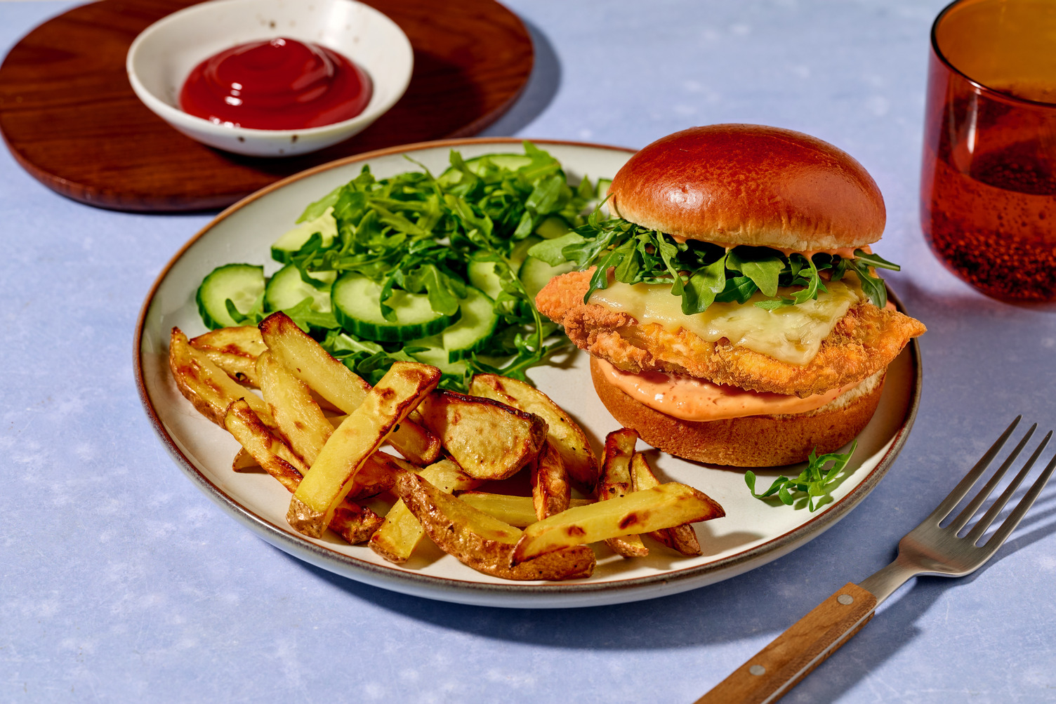 Pan-Fried Chicken Breast Burger and Chips