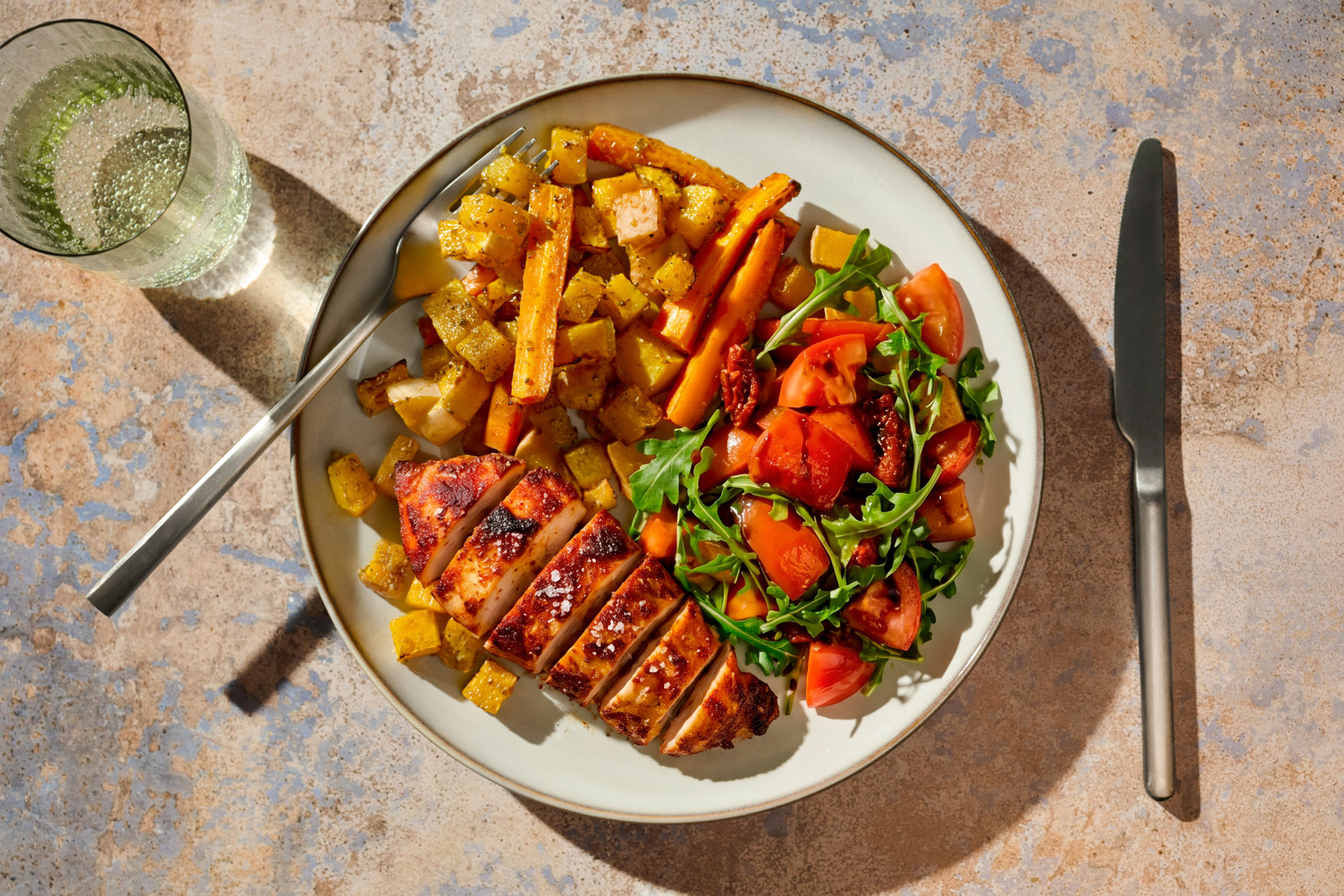 Balsamic Tomato Baked Chicken and Herby Butternut