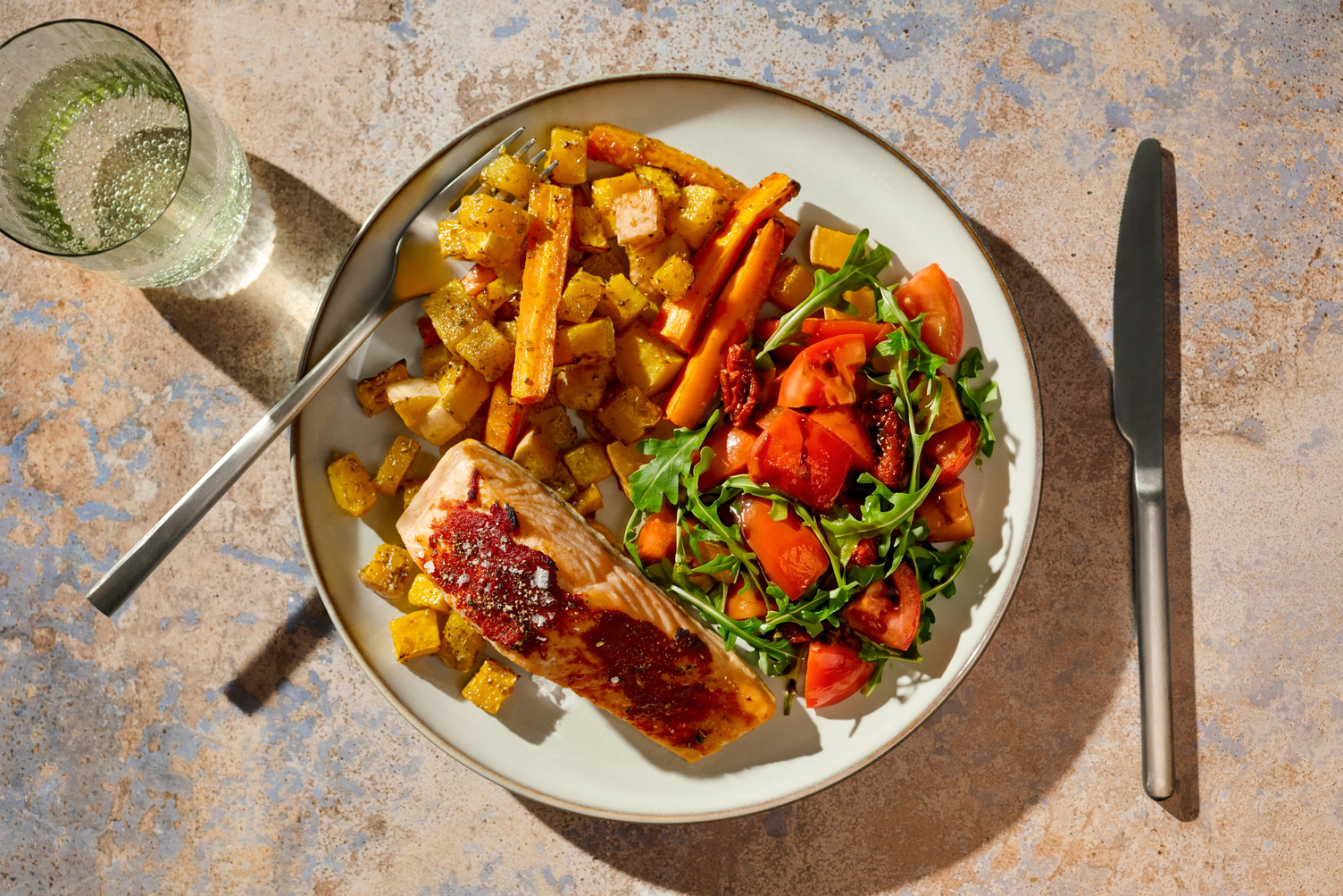 Balsamic Tomato Baked Double Salmon and Herby Butternut