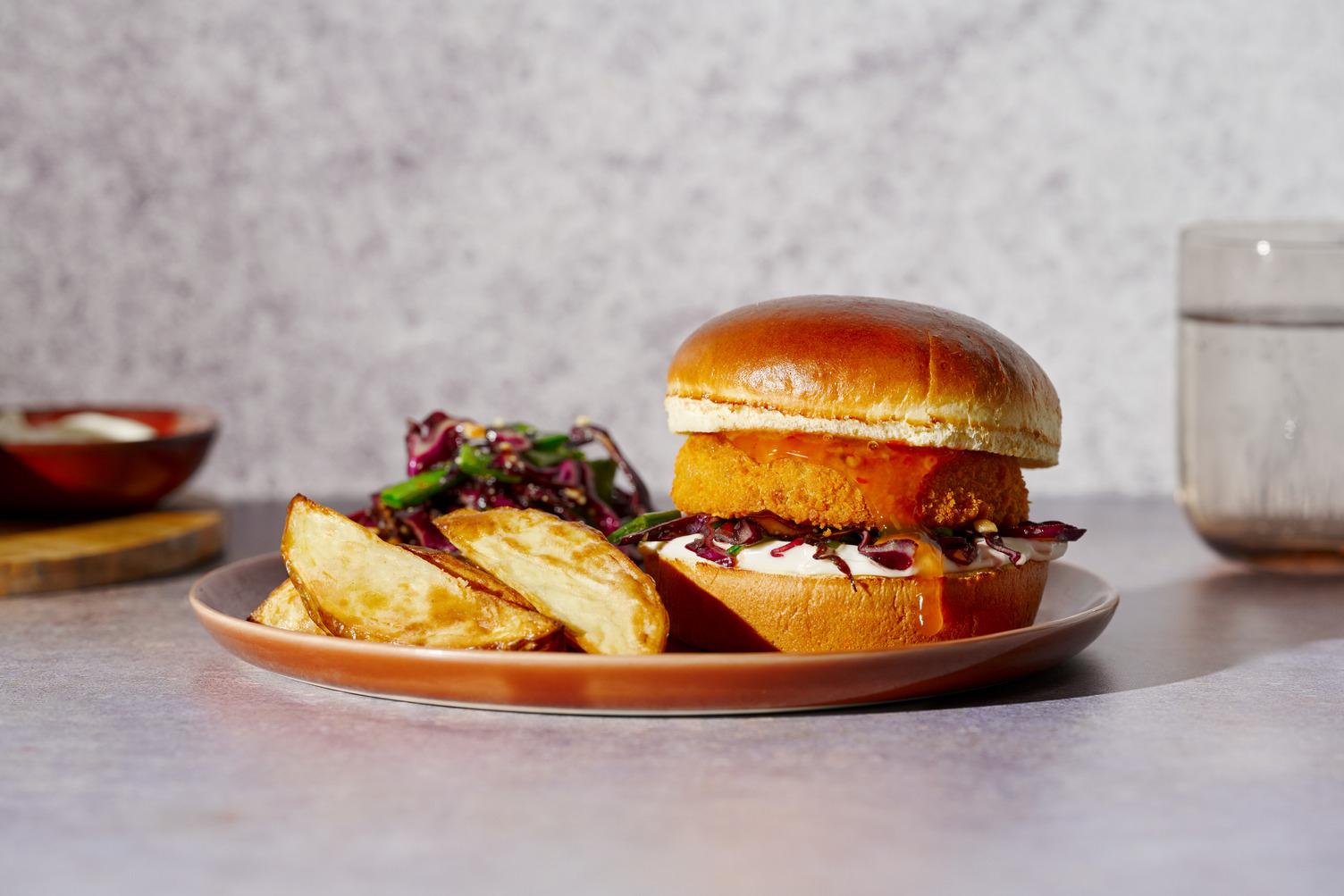 Thai Style Crispy Fish Burger and Chunky Wedges