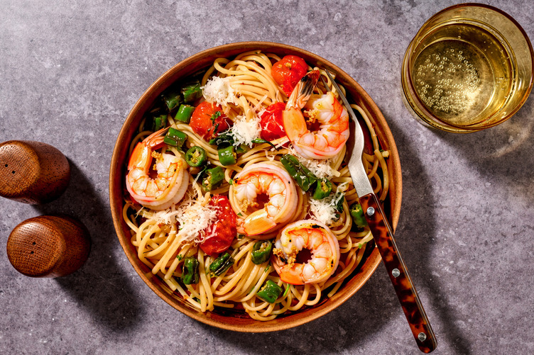 Blistered Padron Pepper and Prawn Linguine