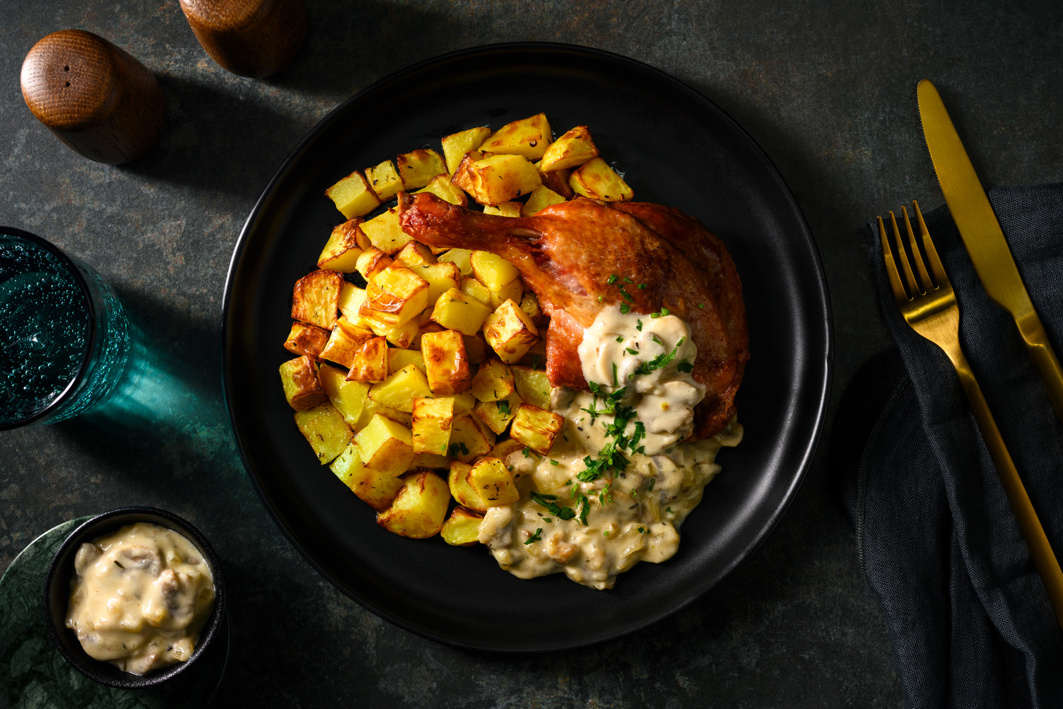 Confit de canard & sauce aux champignons