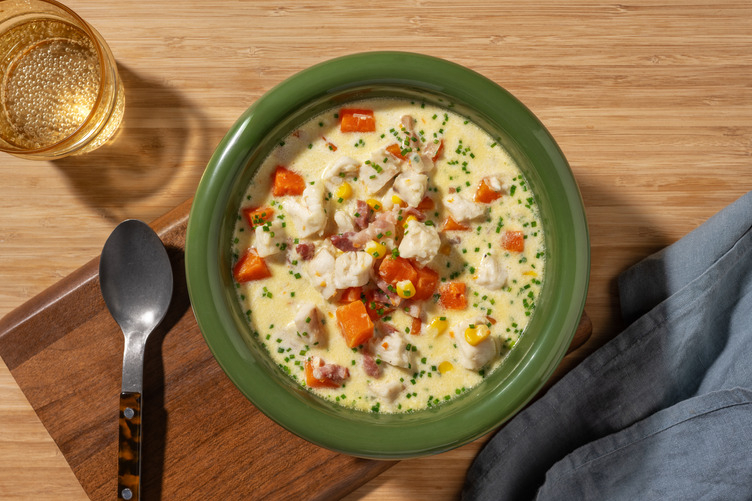 New England Style Fish and Bacon Chowder with Prawns