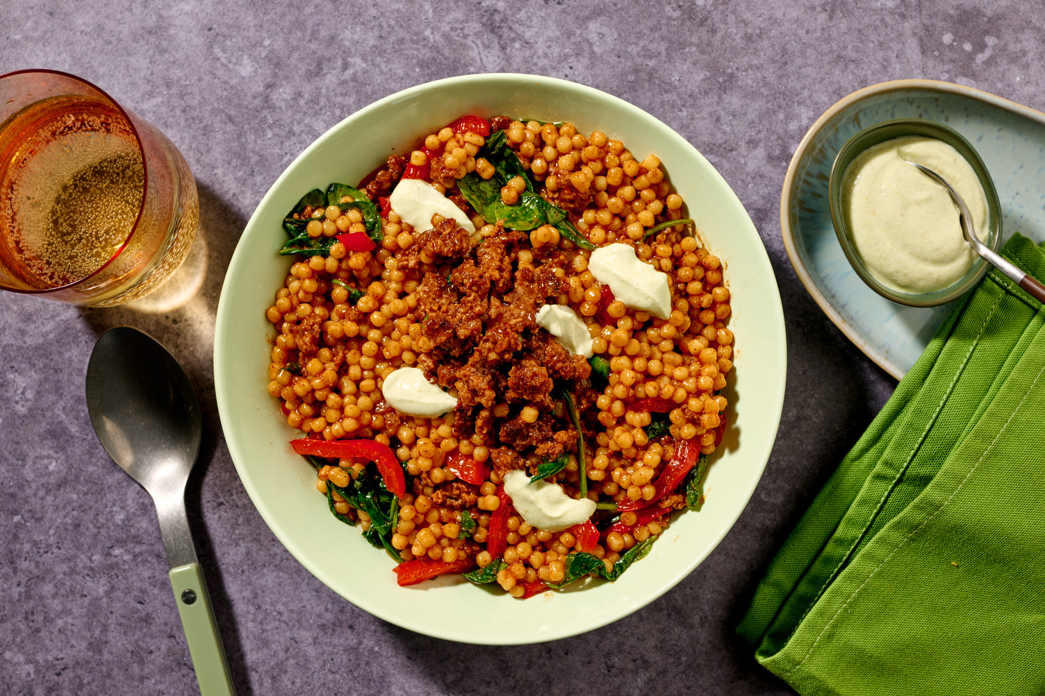 Chermoula Spiced Beef and Halloumi Pearl Couscous Bowl
