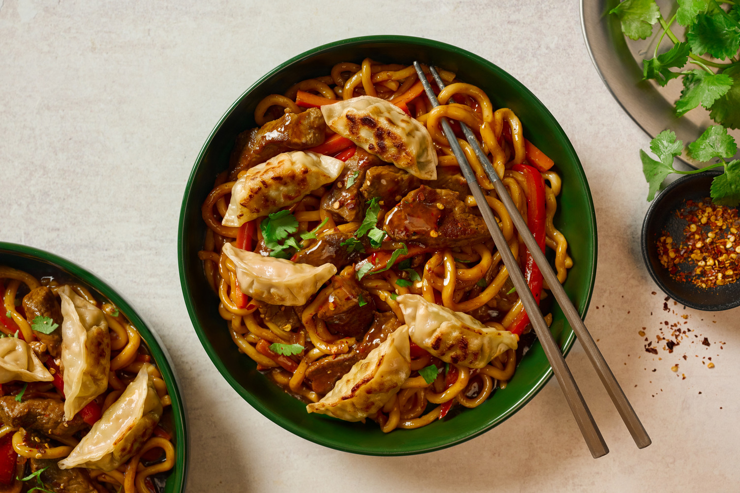 Sweet Chilli Beef Noodles with Veg Gyoza