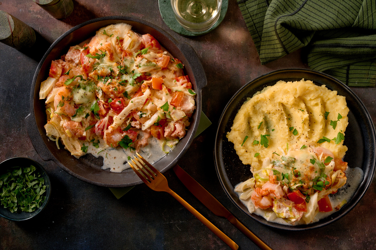 Gratin mit doppelt Lachs, Garnelen und Fenchel