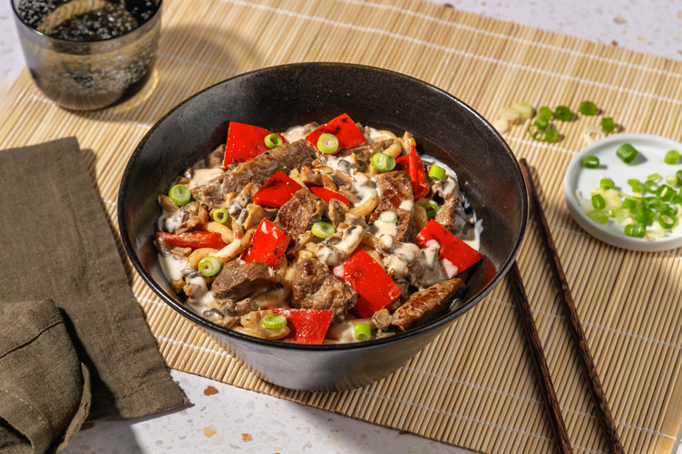 Beef Stroganoff Style Noodles with Prawns