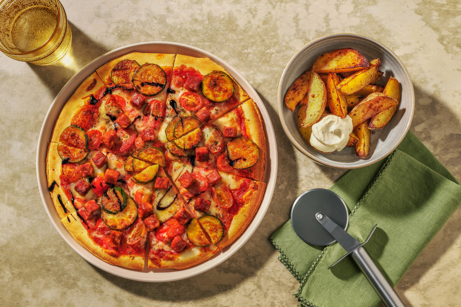 Chorizo, Mozzarella, Charred Courgette and Tomato Pizza