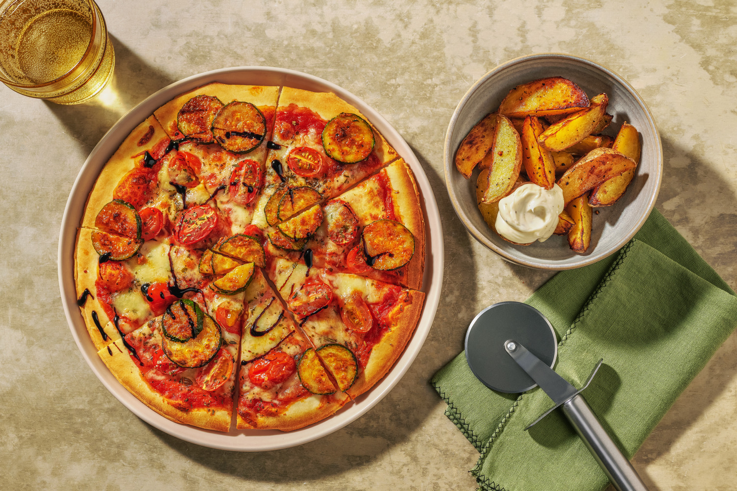 Chorizo, Mozzarella, Charred Courgette and Tomato Pizza