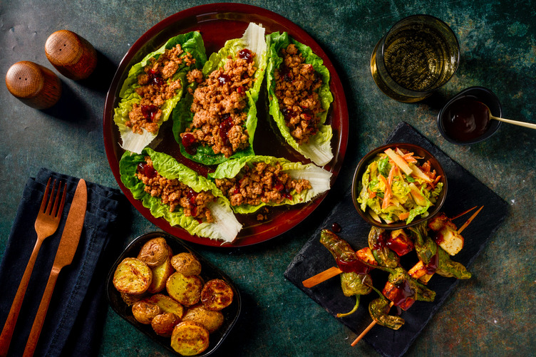 Chipotle Pork Lettuce Cups with Padron Pepper Skewers