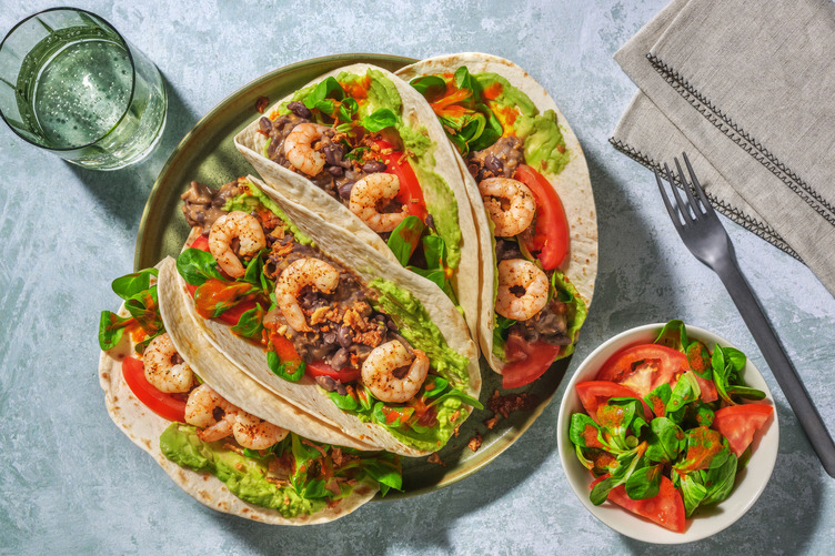 Black Bean and Smashed Avocado Loaded Tortillas with Prawns