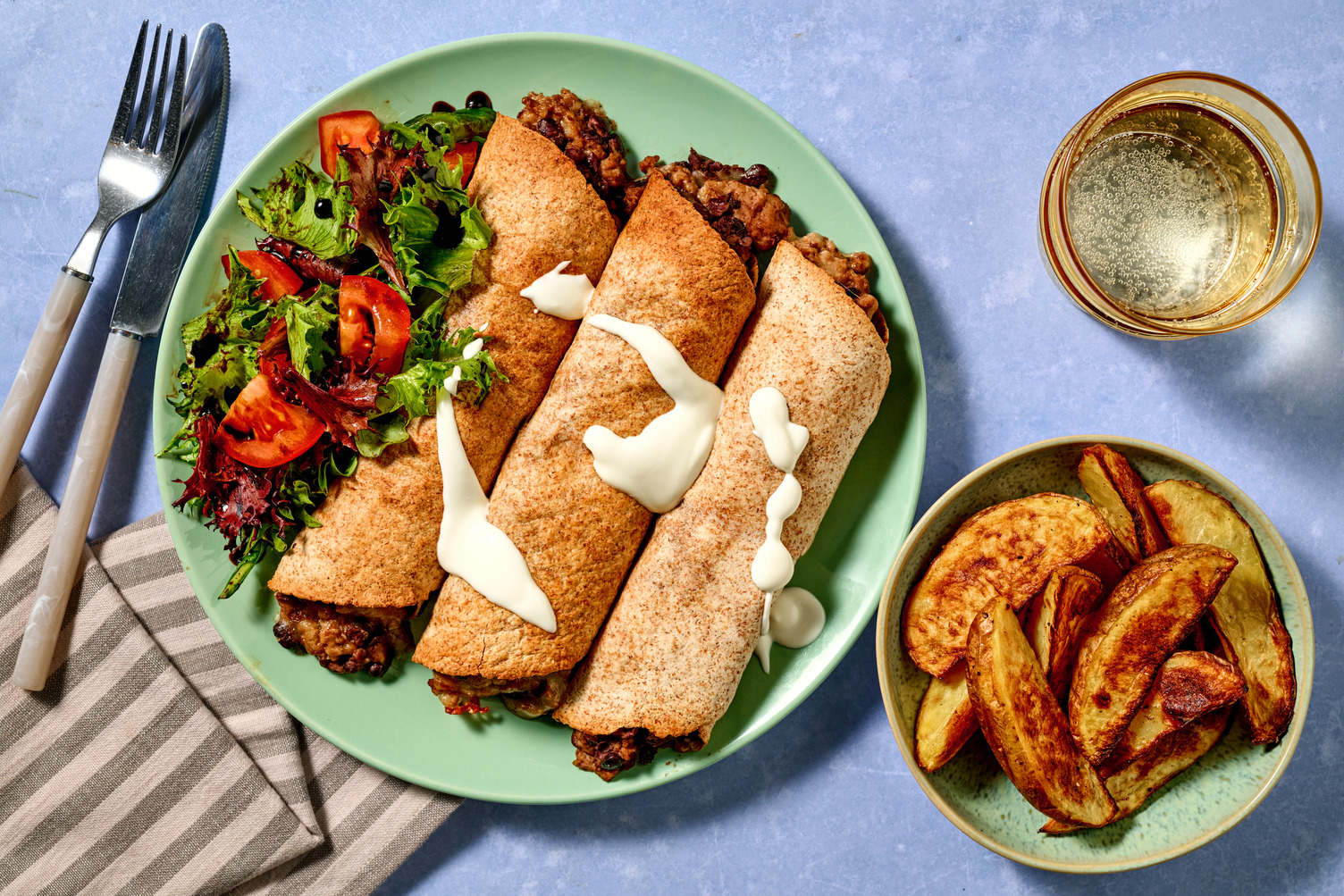 Pan-Fried Cheesy Mini Sausage Burritos and Wedges
