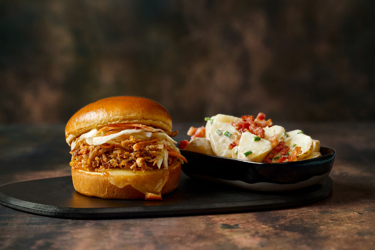 BBQ Double Pulled Pork Burger with Bacon Potato Salad