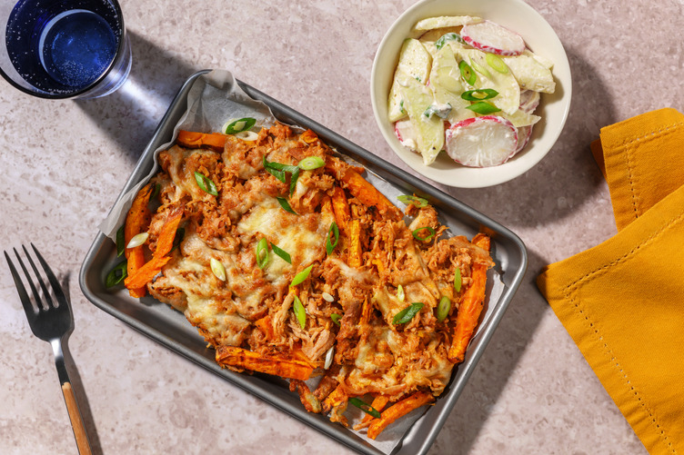 Guinness®  Pulled Pork Loaded Sweet Potato Fries with Irish Bacon