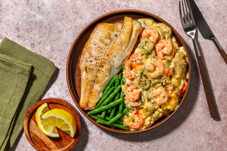 Basa with Cashel Blue® Cheese Dauphinoise with Prawns