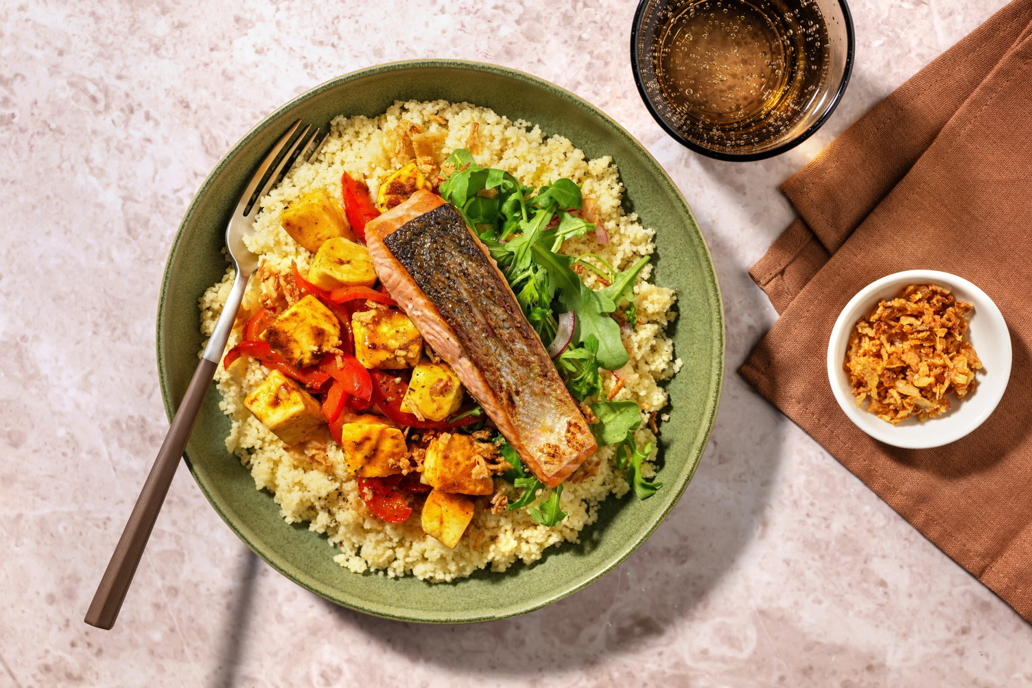 Salmon, BBQ Jerk Spiced Halloumi and Couscous Bowl