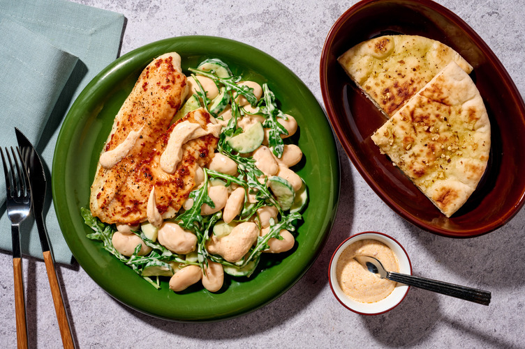 Harissa Salmon and Garlicky Lebanese Flatbread