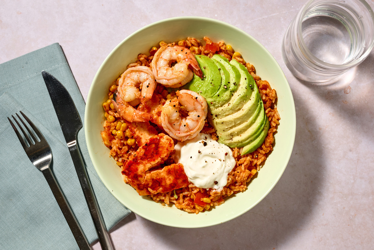Spiced Hot Honey King Prawn and Halloumi Spiced Corn Rice