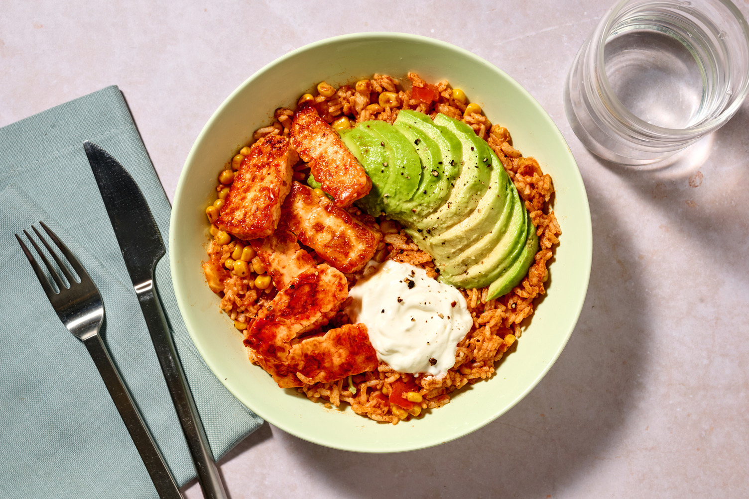 Spiced Hot Honey King Prawn and Halloumi Spiced Corn Rice