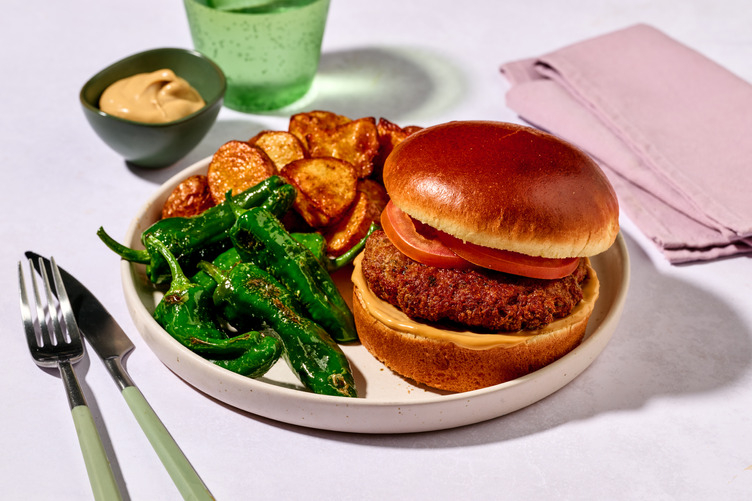 Black Garlic Double Pork Burger with Padron Peppers