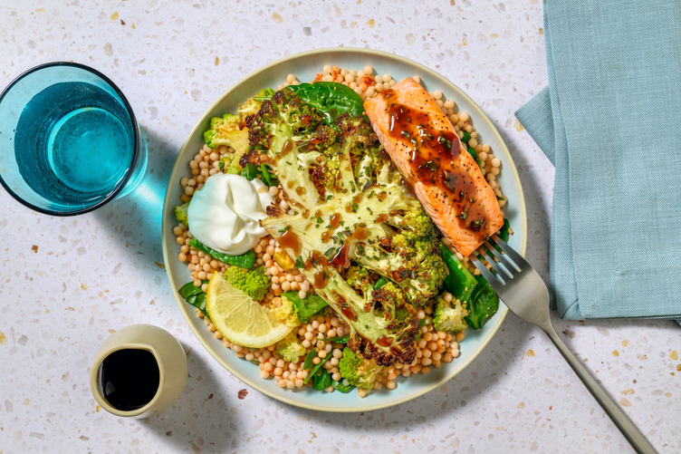 Roasted Romanesco and Spicy Vegan Nduja Couscous with Salmon