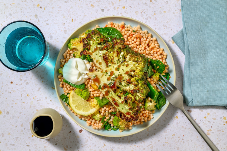 Roasted Romanesco and Spicy Vegan Nduja Couscous with Salmon
