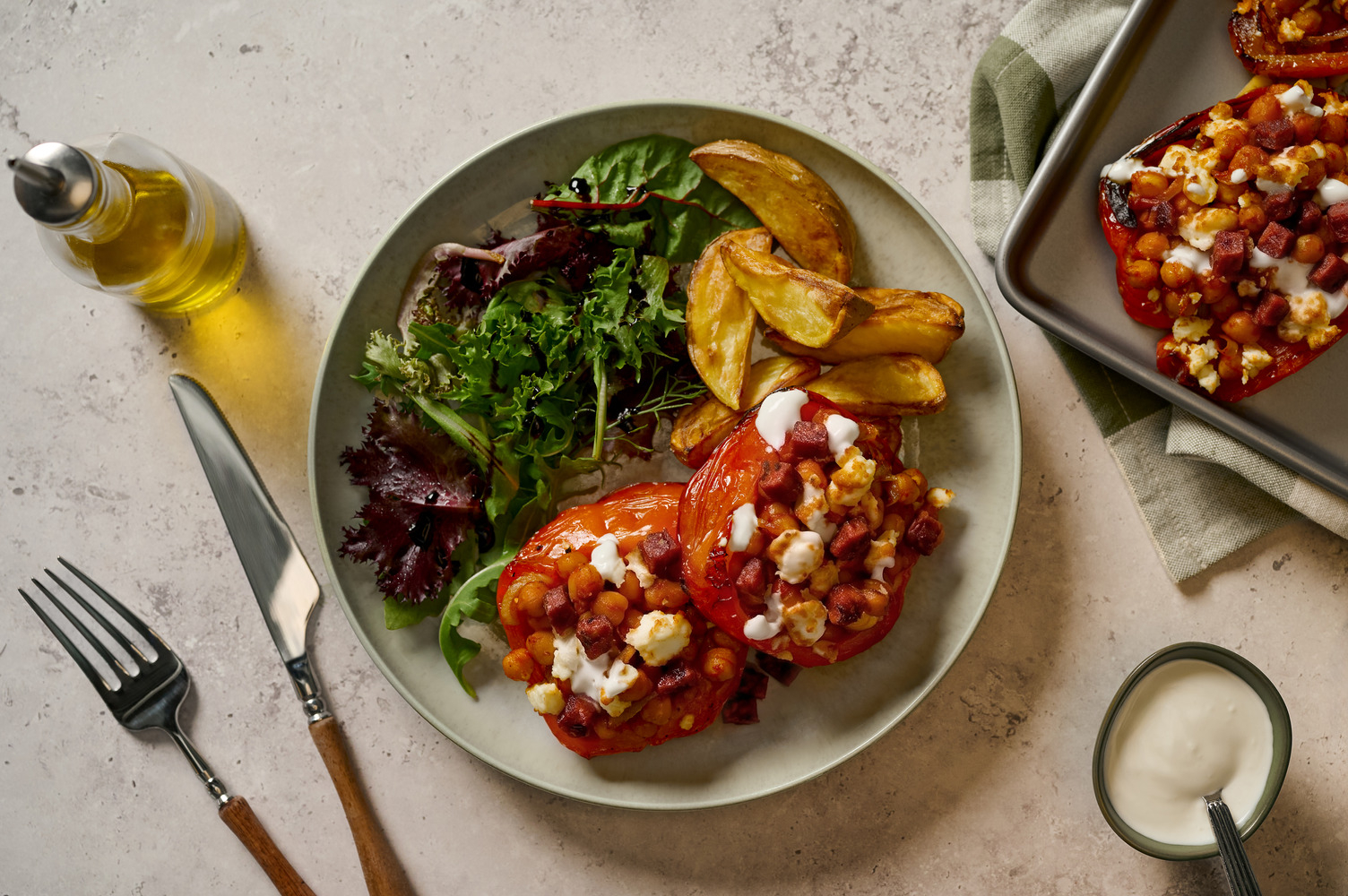 Chorizo, Spiced Chickpea, Cheese and Onion Stuffed Peppers