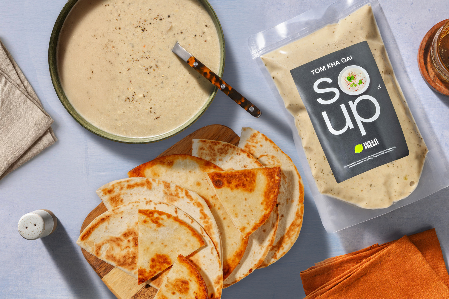 Thai Chicken Soup and Cream Cheese Quesadilla