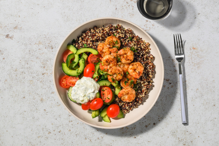 Bowl mit doppelten würzigen Garnelen und Quinoa