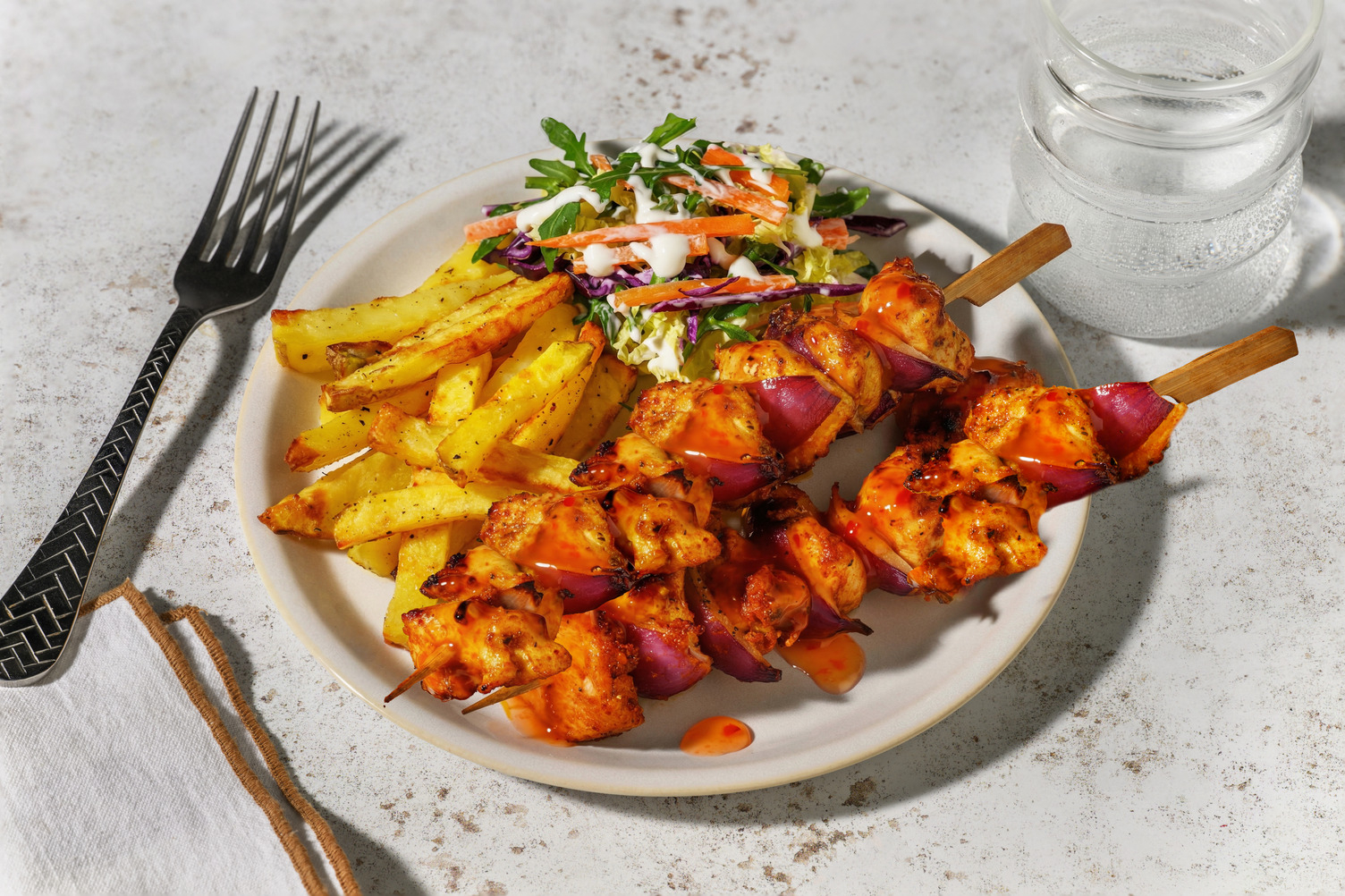 Red Thai Style Marinated Double Chicken Skewers and Chips