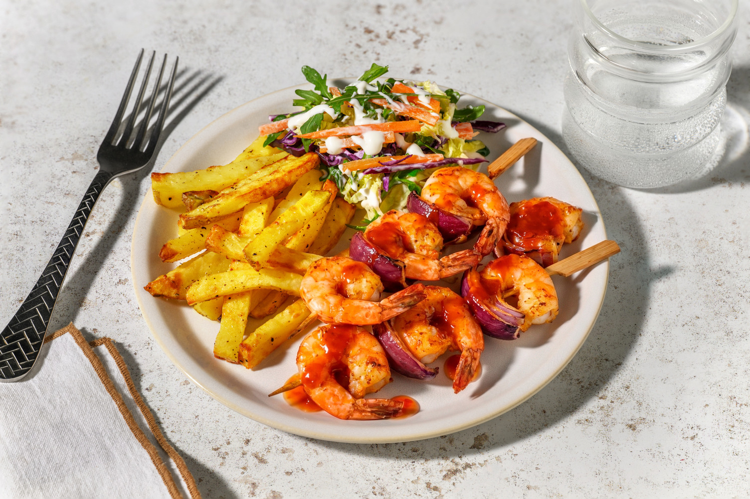 Red Thai Style Marinated Prawn Skewers and Chips