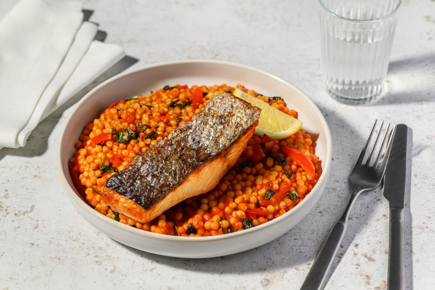 Quick Salmon and Mediterranean Style Pearl Couscous