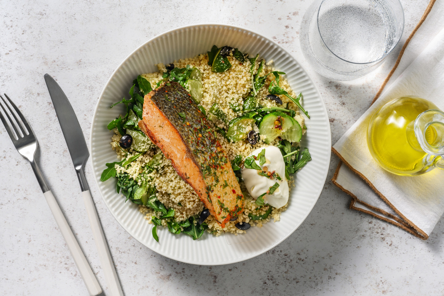Baked Spiced Salmon and Herby Olive Couscous