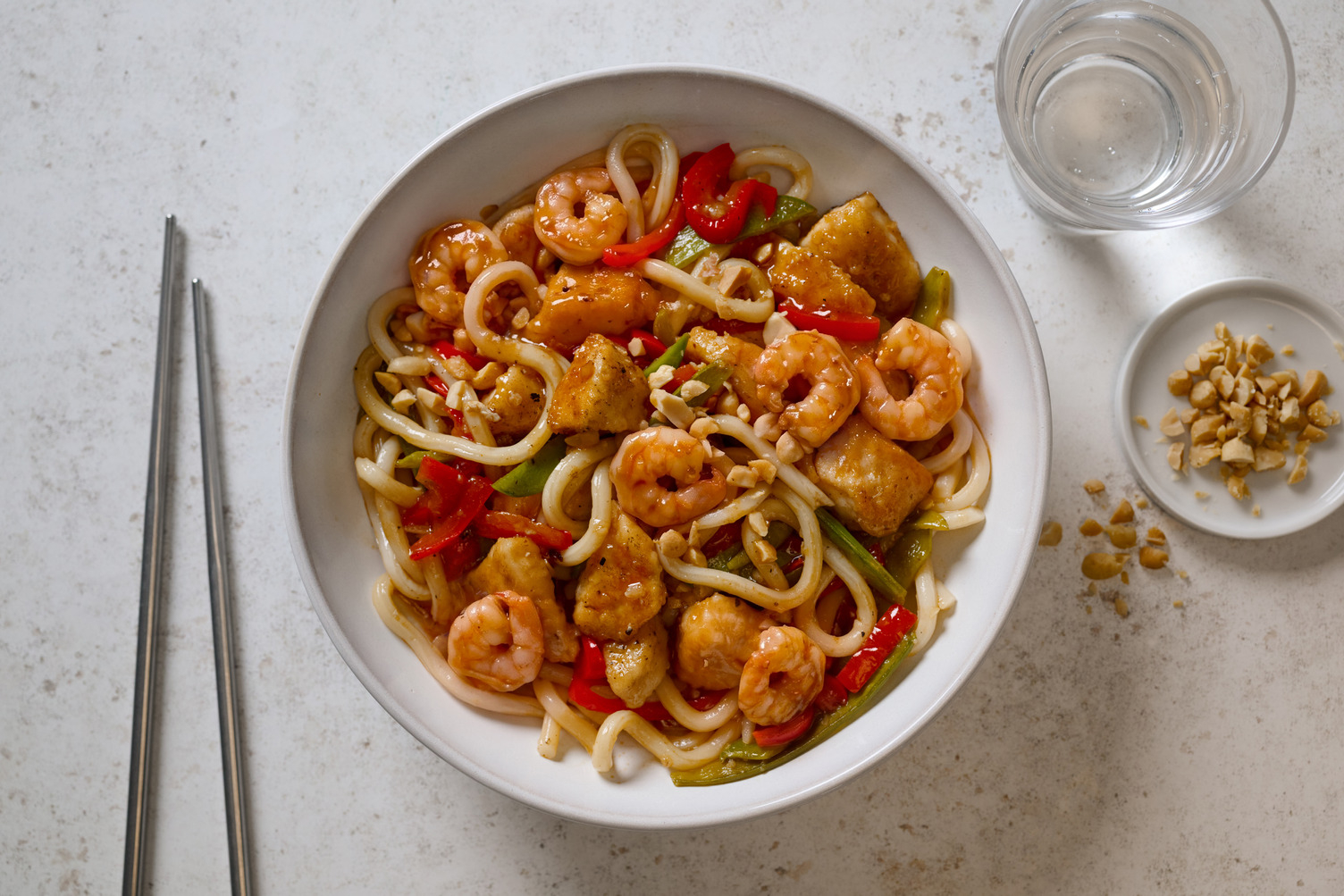 Sweet and Sticky Chicken & Prawn Udon Noodles