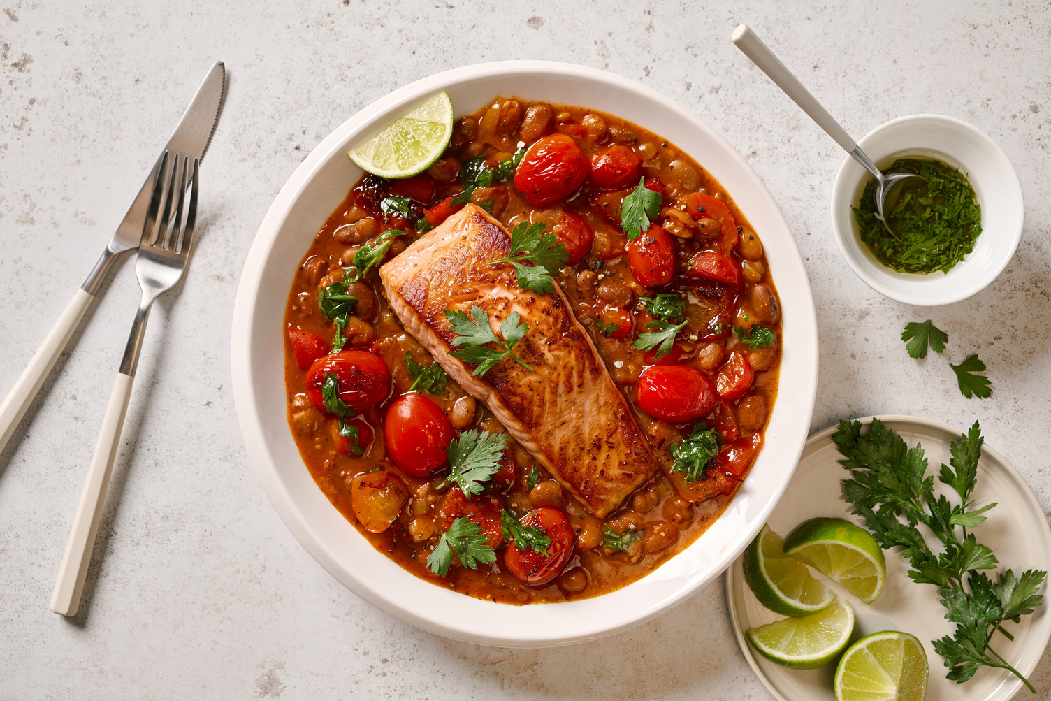 Baked Salmon on Brazilian Style Spiced Borlotti Beans