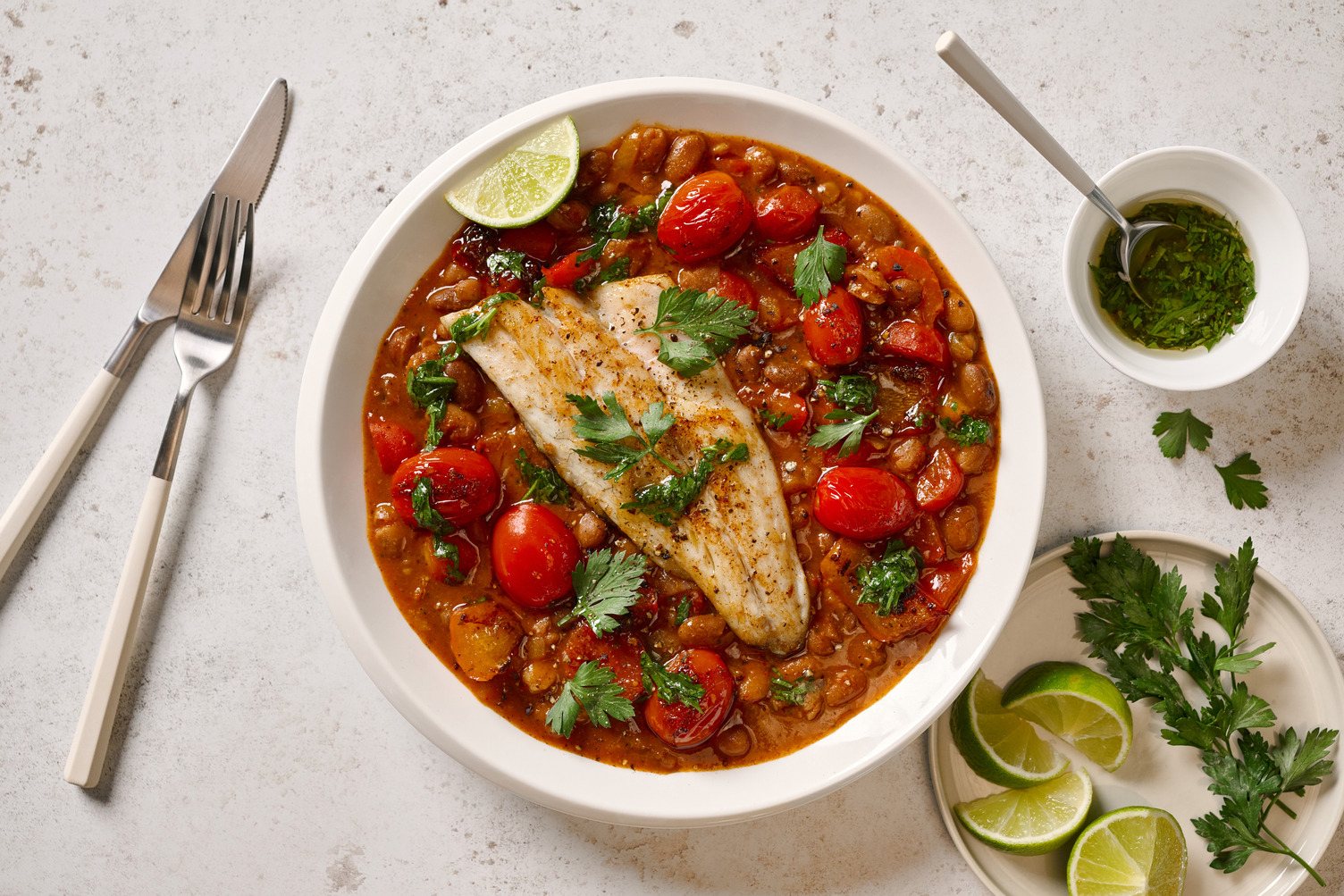 Baked Basa on Brazilian Style Spiced Borlotti Beans