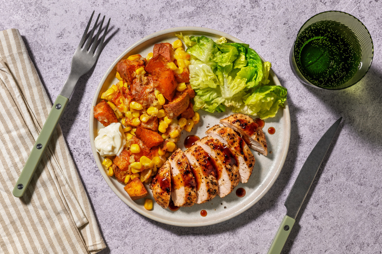 Smoky Maple Chicken & Cheesy Corn Sweet Potato Wedges