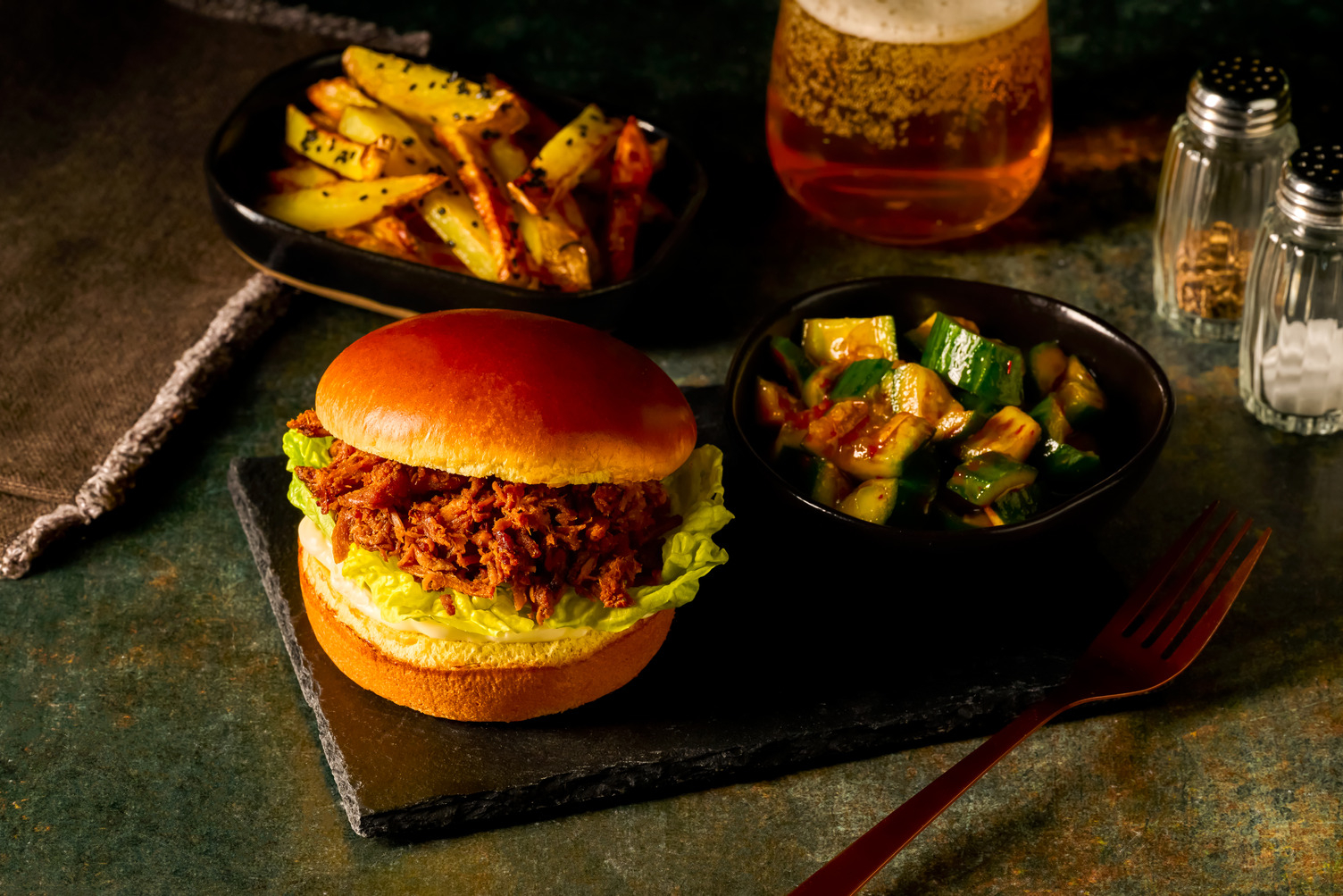 Bulgogi Pulled Beef Burger and Black Sesame Chips