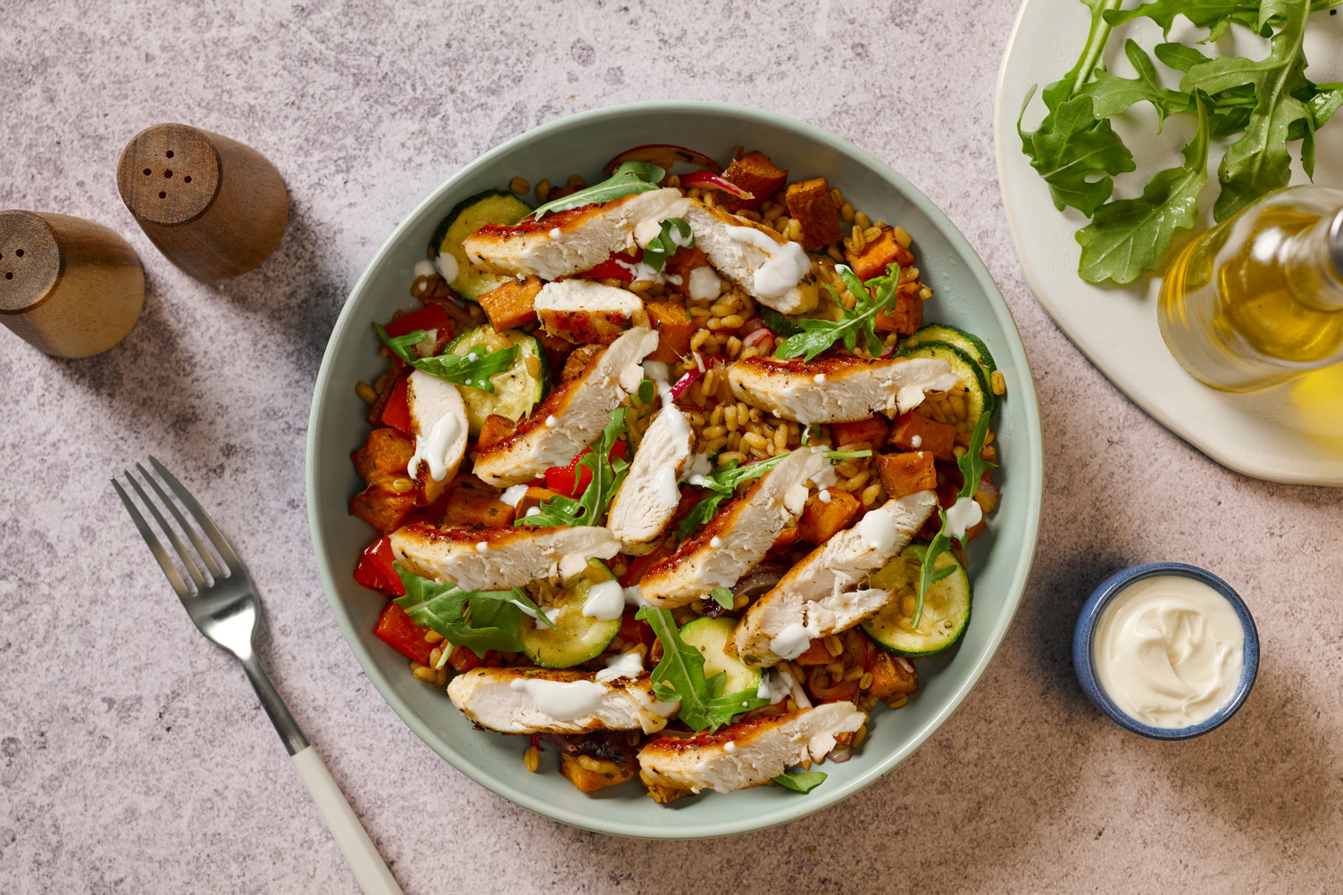 Double Greek Style Chicken and Spelt Harvest Bowl