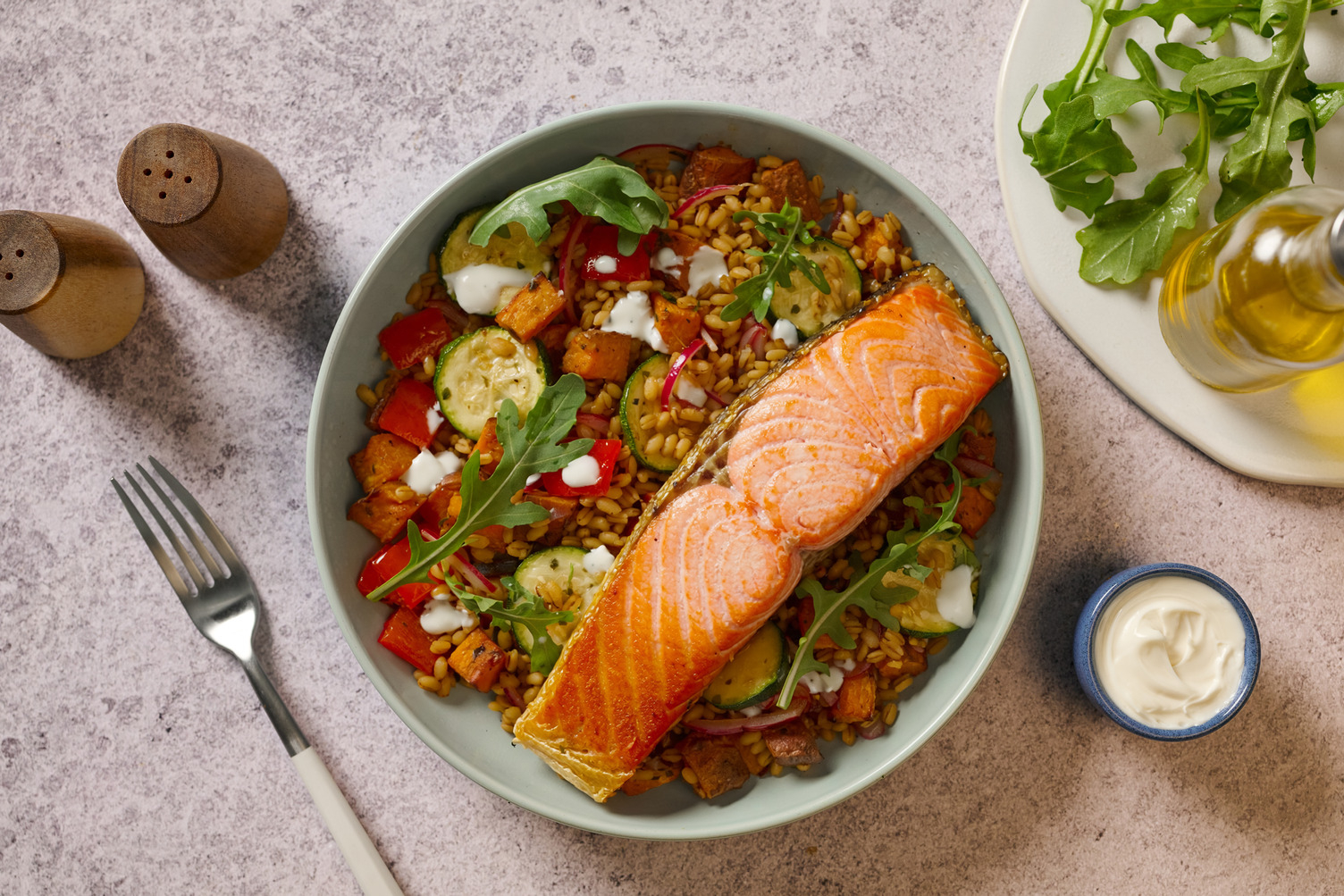 Greek Style Salmon and Spelt Harvest Bowl
