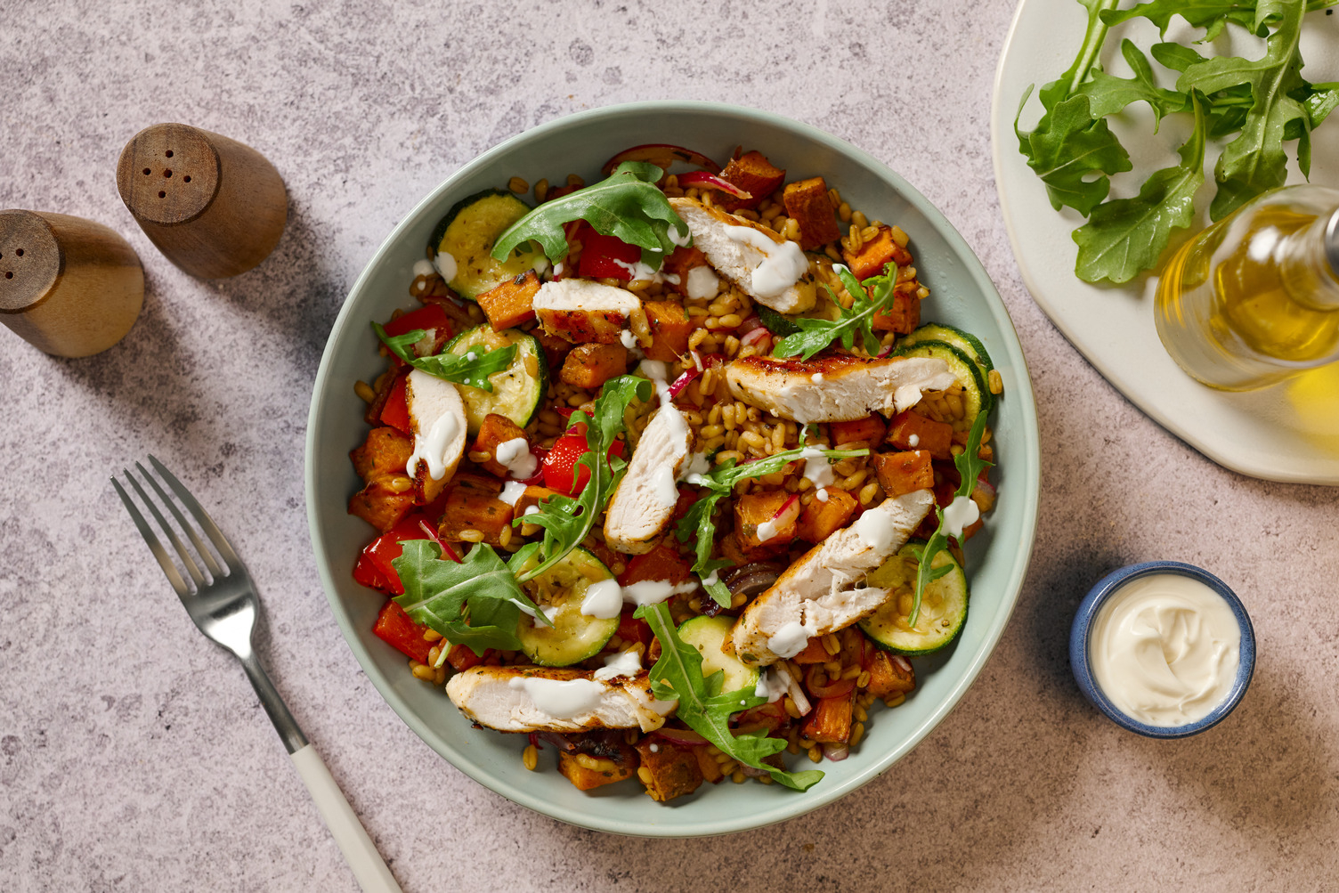 Greek Style Salmon and Spelt Harvest Bowl