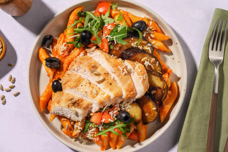 Penne mit extra Bio-Hähnchen und Ofen-Aubergine