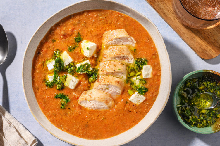 Scharfe Linsensuppe mit Bio-Feta und extra Bio-Hähnchen
