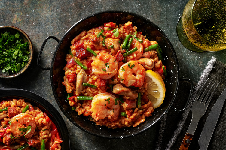 Paella au poulet & crevettes