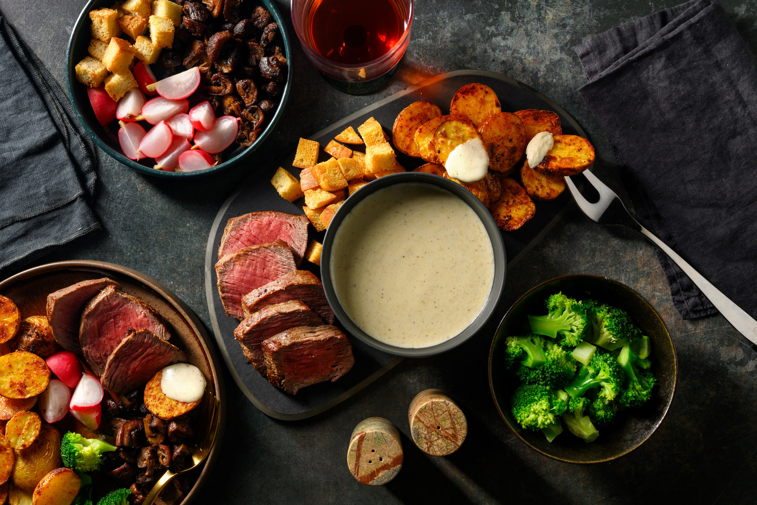 Rosemary Steak with Cheese Fondue-Style Dip