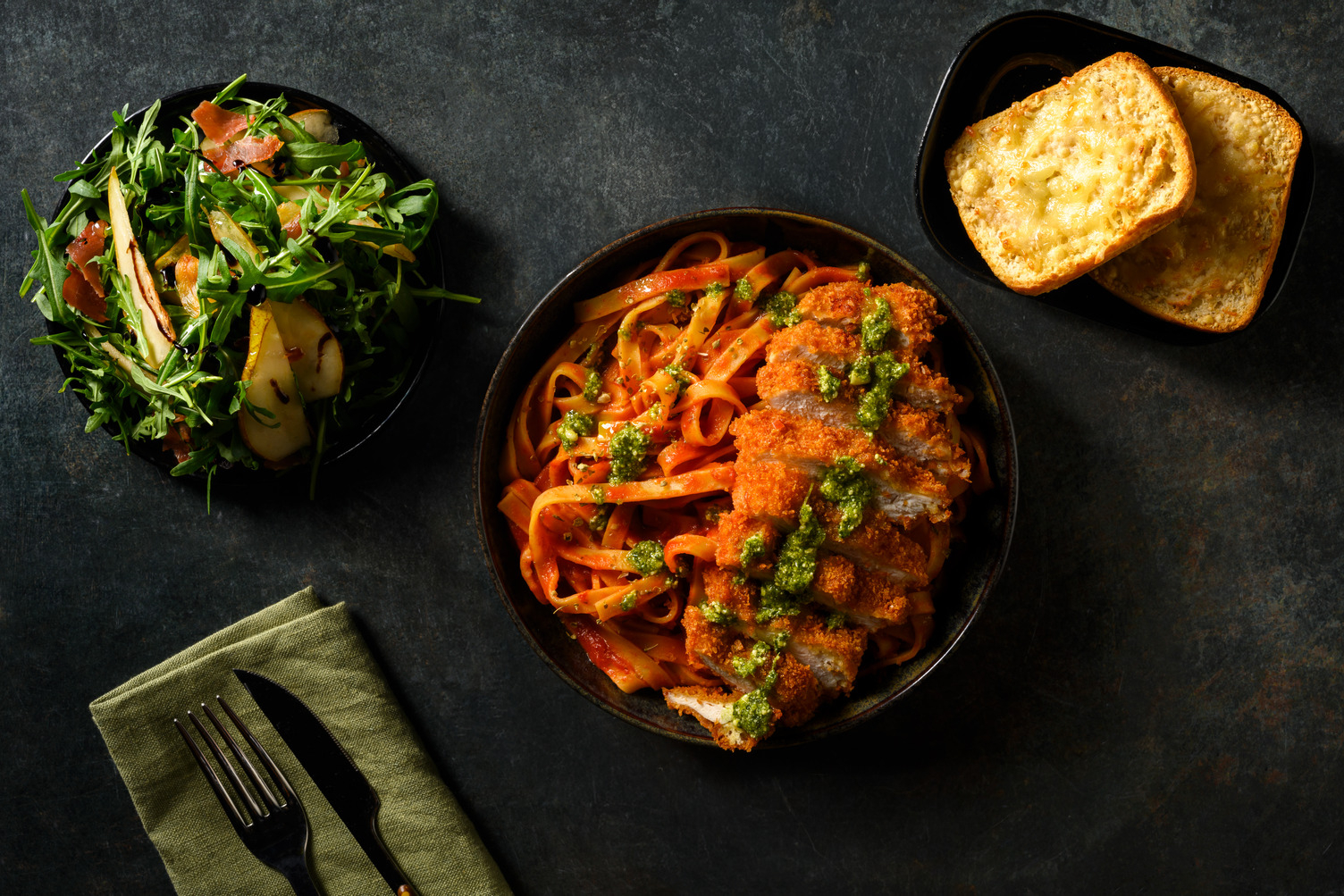 Crispy Chicken Parmigiana and Tagliatelle Pomodoro