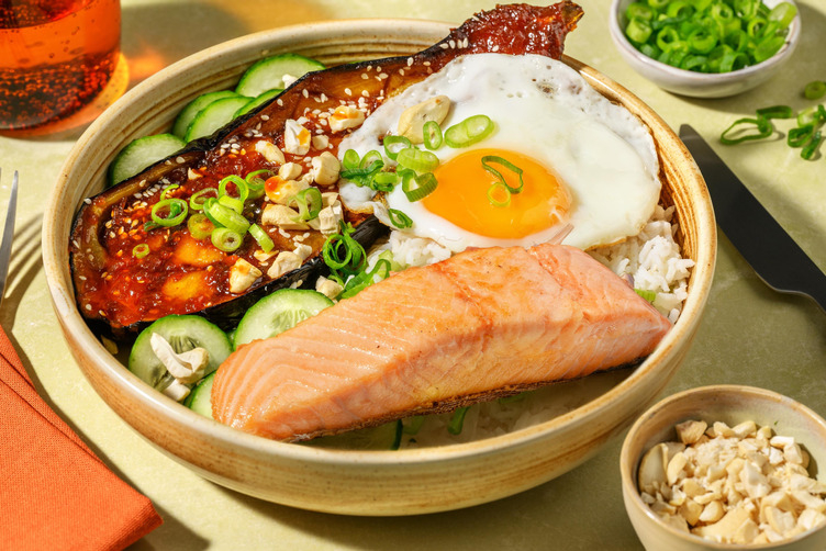 Japanische Aubergine mit Miso-Glasur und extra Bio-Hähnchen